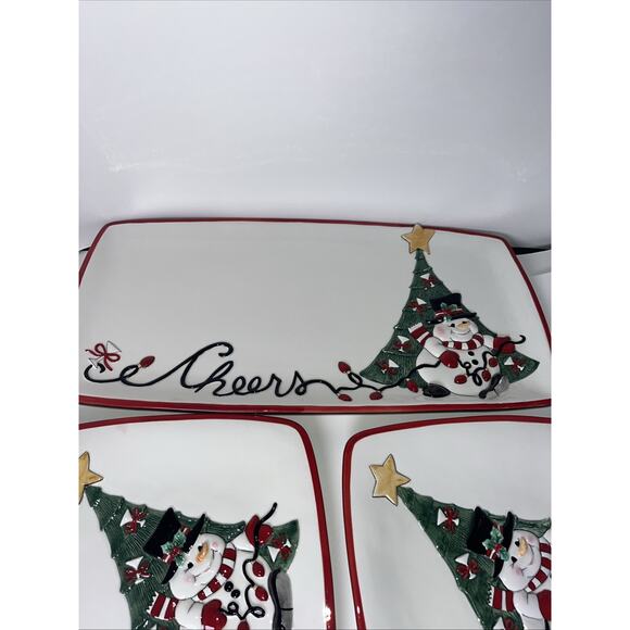 Fitz & Floyd 2007 Cheers Christmas LIghts Snowman Snack Canape Plates 4 & Tray - Picture 4 of 7